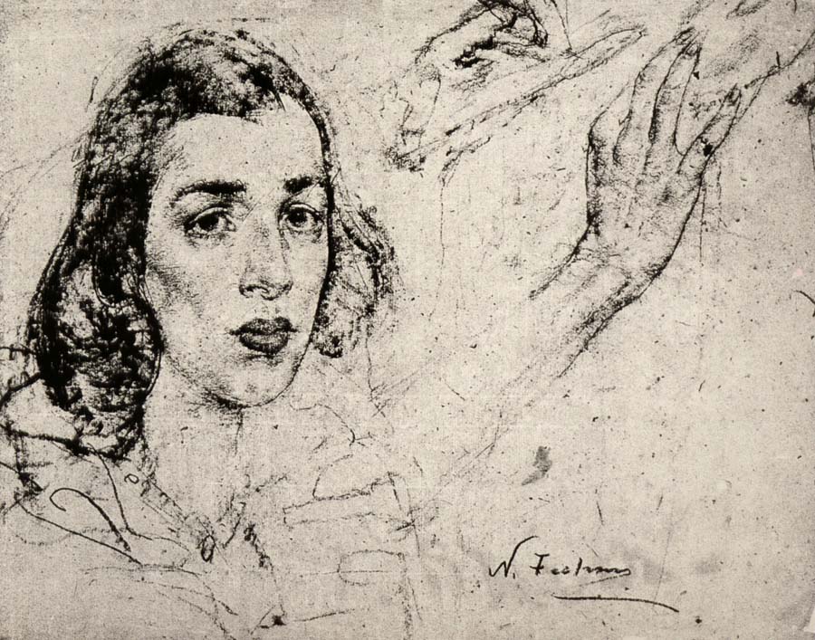 Study of female-s head with hand